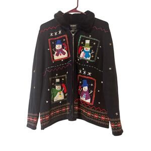 Designer Originals Joy Black PXL Sweater Coat Snowman Fur Collar Zip Front